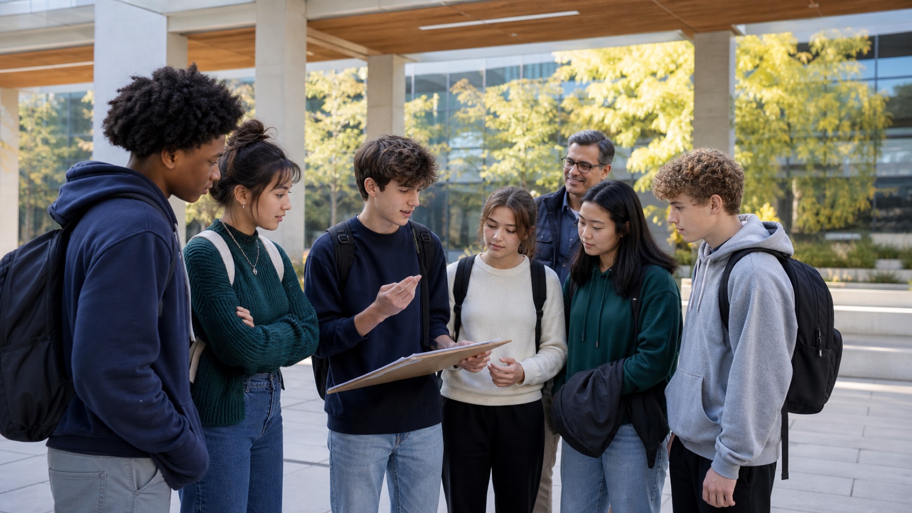 Young people discuss a community project with an educator in a public civic space